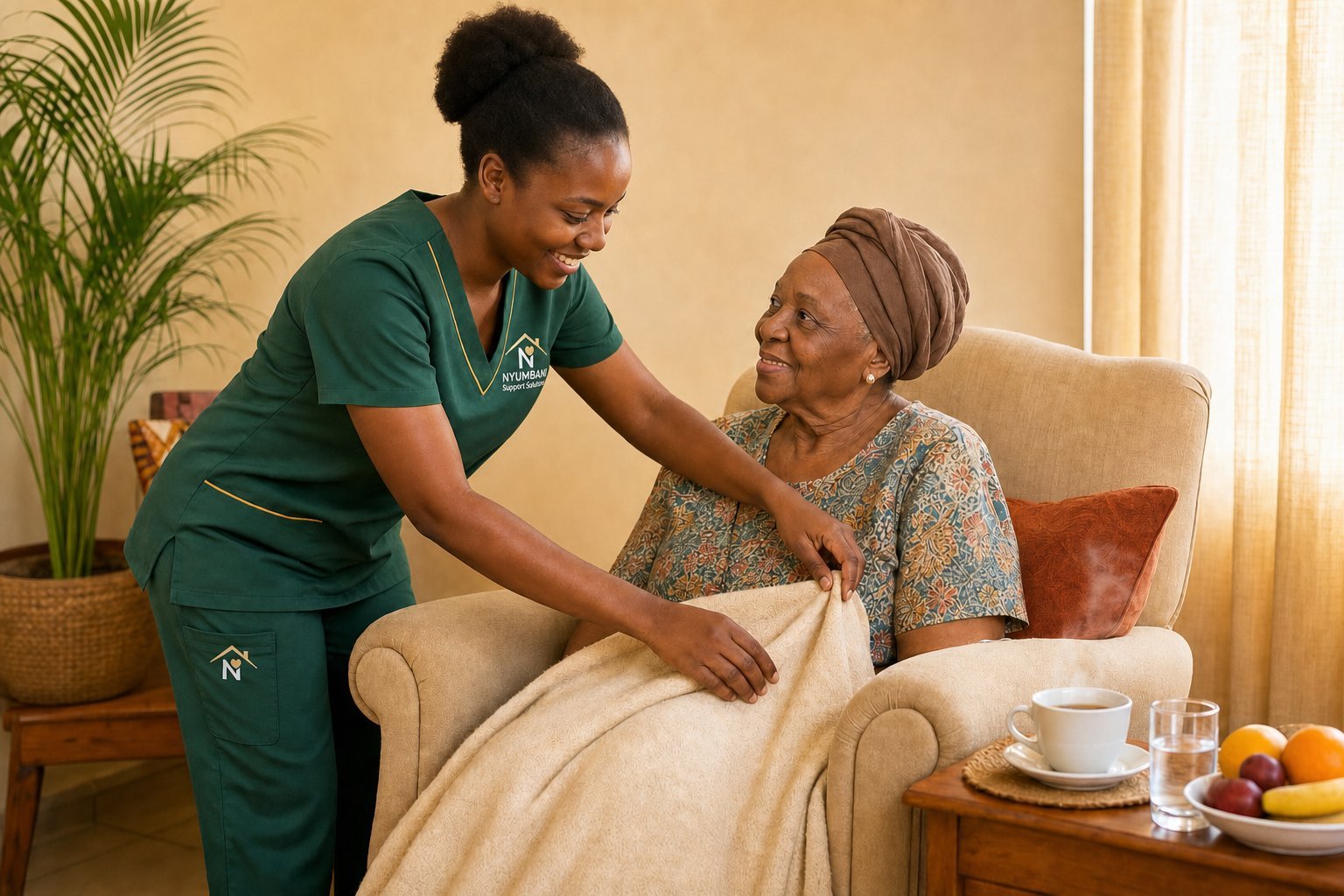 Nyumbani caregiver in green uniform tucking a soft cream blanket around an elderly woman seated in an armchair at home, with tea and fruit on the side table