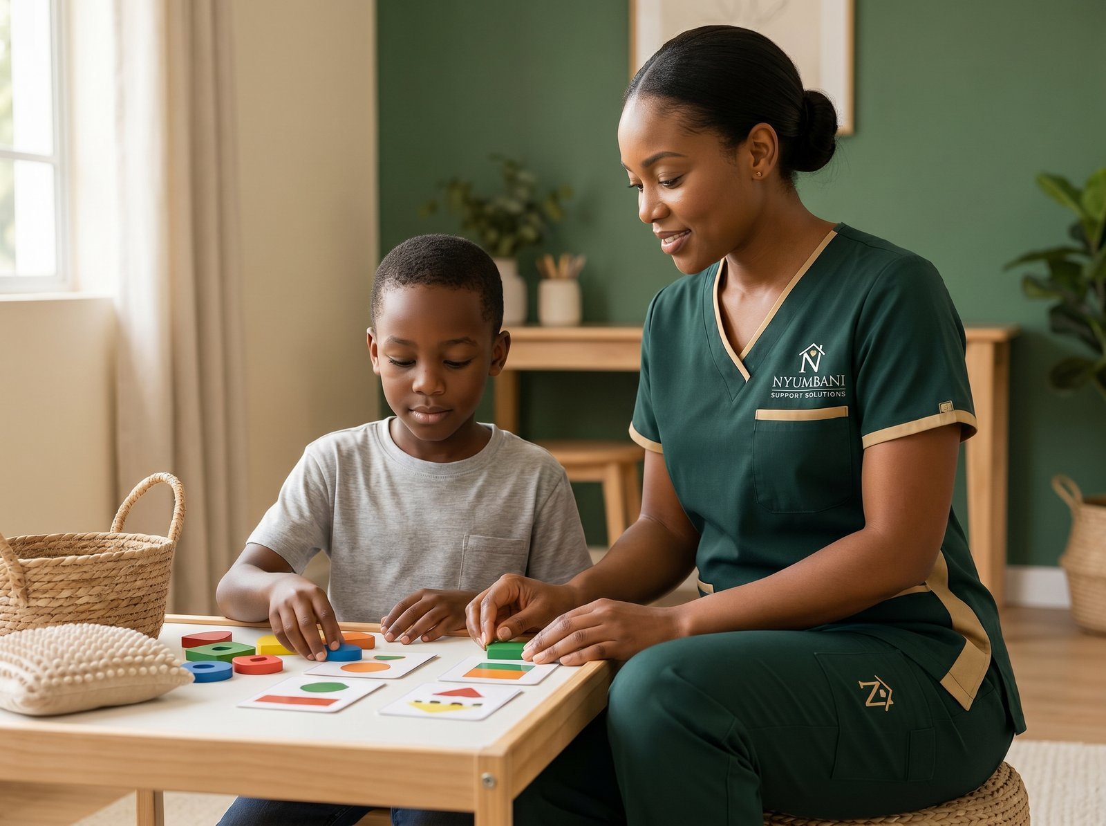 Nyumbani caregiver in green uniform gently guiding a young Kenyan boy through a structured visual-card sorting activity at a small wooden table in a warm home setting