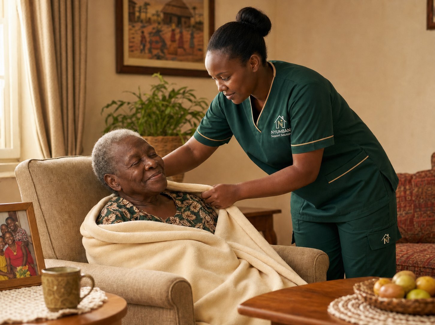 Nyumbani caregiver in green uniform holding the hand of an elderly Kenyan patient in a comfortable home setting