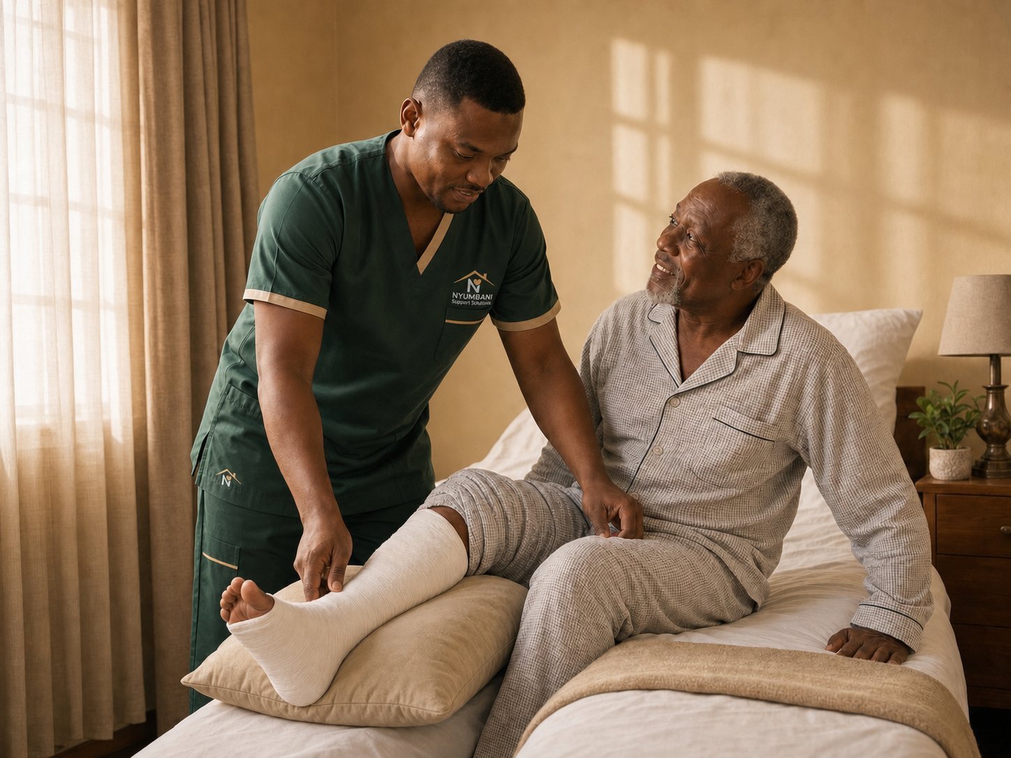 Nyumbani Support Solutions male caregiver in green uniform helping an elderly man with a leg cast sit up safely on his bed at home after hospital discharge