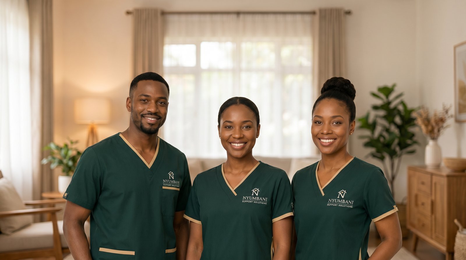 The Nyumbani Support Solutions team in branded forest green uniforms with gold piping