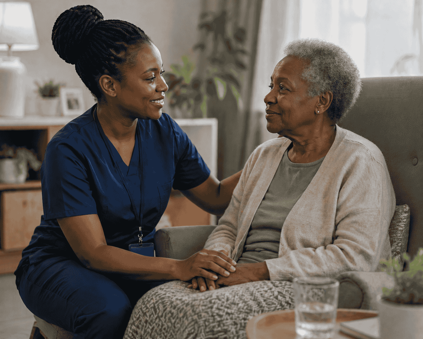 Nurse checking patient's blood pressure at home