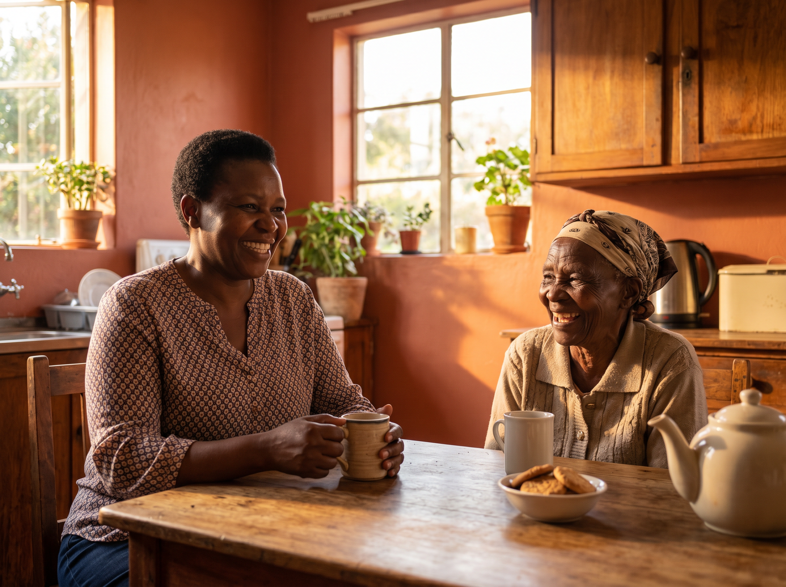 Caregiver and elderly woman sharing tea at home