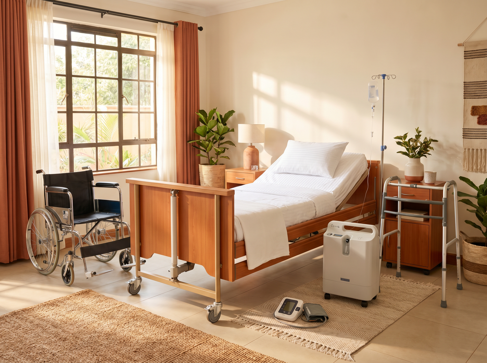 Medical home care equipment including hospital bed, wheelchair, and oxygen concentrator