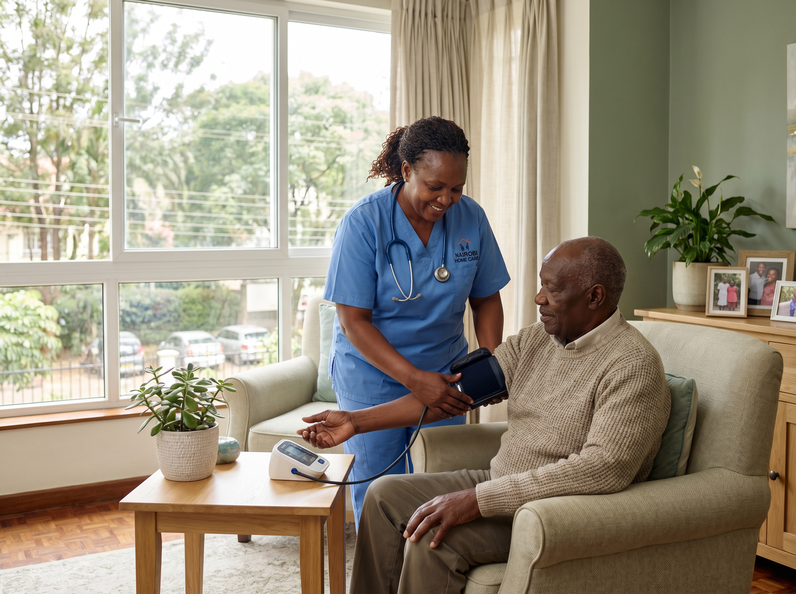 Nurse checking patient's blood pressure at home
